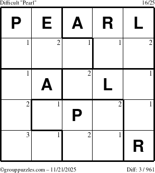 The grouppuzzles.com Difficult Pearl puzzle for Friday November 21, 2025 with the first 3 steps marked