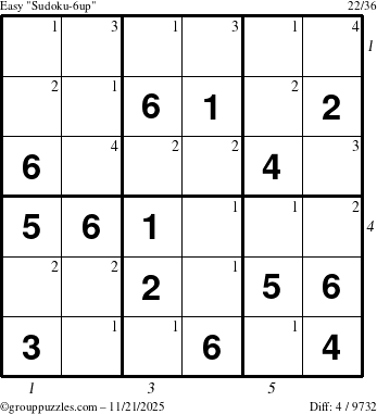 The grouppuzzles.com Easy Sudoku-6up puzzle for Friday November 21, 2025, suitable for printing, with all 4 steps marked
