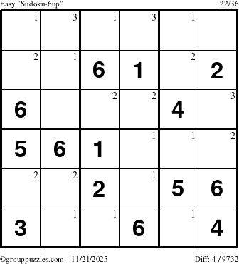 The grouppuzzles.com Easy Sudoku-6up puzzle for Friday November 21, 2025 with the first 3 steps marked