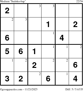The grouppuzzles.com Medium Sudoku-6up puzzle for Friday November 21, 2025 with the first 3 steps marked
