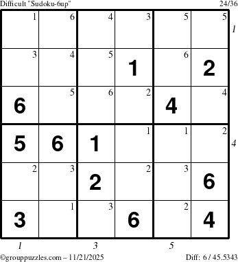 The grouppuzzles.com Difficult Sudoku-6up puzzle for Friday November 21, 2025 with all 6 steps marked