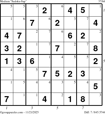 The grouppuzzles.com Medium Sudoku-8up puzzle for Friday November 21, 2025 with all 7 steps marked