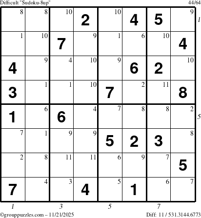 The grouppuzzles.com Difficult Sudoku-8up puzzle for Friday November 21, 2025 with all 11 steps marked