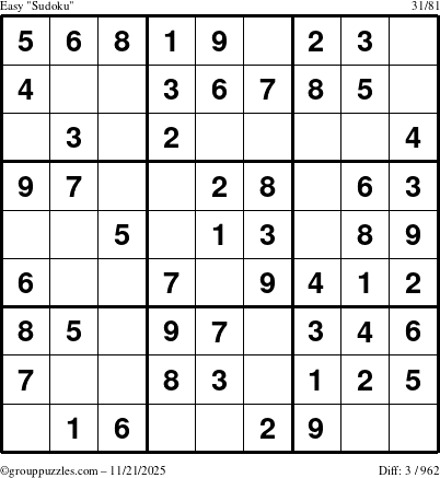 The grouppuzzles.com Easy Sudoku puzzle for Friday November 21, 2025