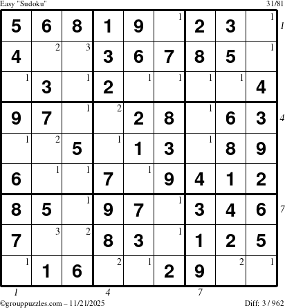 The grouppuzzles.com Easy Sudoku puzzle for Friday November 21, 2025, suitable for printing, with all 3 steps marked
