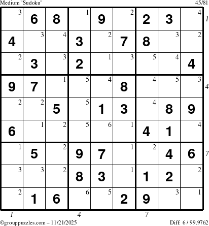 The grouppuzzles.com Medium Sudoku puzzle for Friday November 21, 2025 with all 6 steps marked