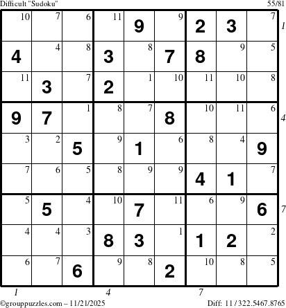 The grouppuzzles.com Difficult Sudoku puzzle for Friday November 21, 2025, suitable for printing, with all 11 steps marked