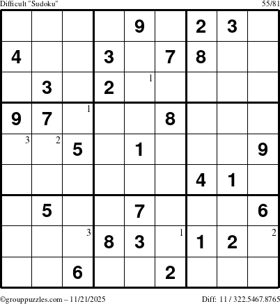 The grouppuzzles.com Difficult Sudoku puzzle for Friday November 21, 2025 with the first 3 steps marked