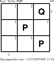 The grouppuzzles.com Easy TicTac-PQR puzzle for Friday November 21, 2025, suitable for printing, with all 2 steps marked