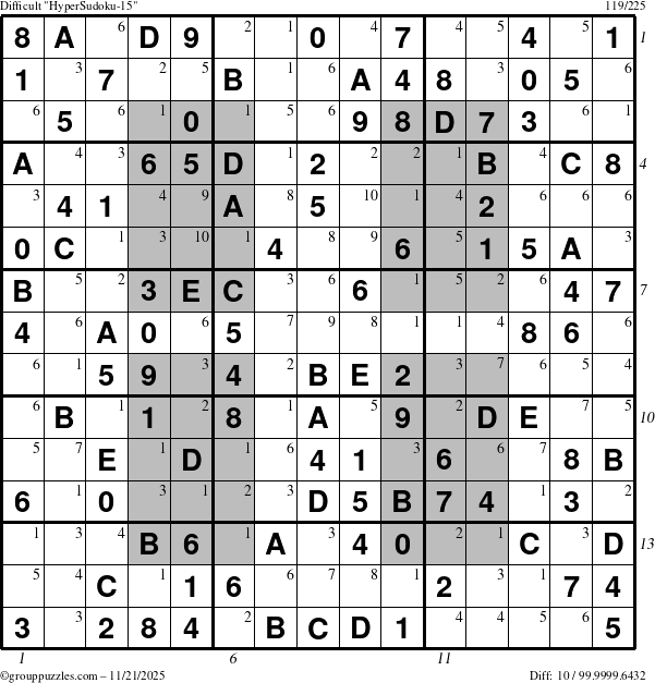 The grouppuzzles.com Difficult HyperSudoku-15 puzzle for Friday November 21, 2025, suitable for printing, with all 10 steps marked