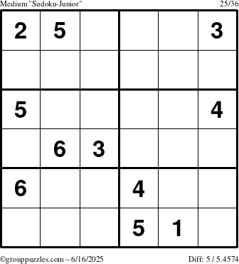 The grouppuzzles.com Medium Sudoku-Junior puzzle for Monday June 16, 2025