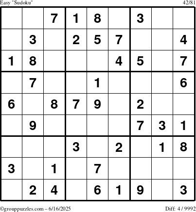The grouppuzzles.com Easy Sudoku puzzle for Monday June 16, 2025