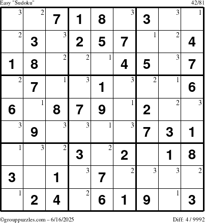 The grouppuzzles.com Easy Sudoku puzzle for Monday June 16, 2025 with the first 3 steps marked