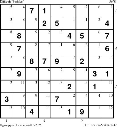 The grouppuzzles.com Difficult Sudoku puzzle for Monday June 16, 2025, suitable for printing, with all 12 steps marked
