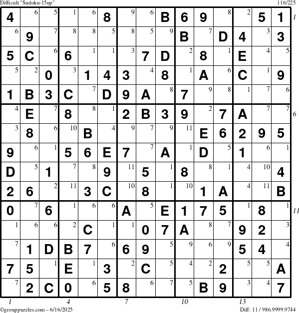 The grouppuzzles.com Difficult Sudoku-15up puzzle for Monday June 16, 2025 with all 11 steps marked