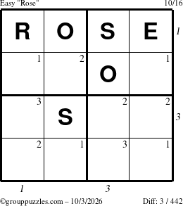 The grouppuzzles.com Easy Rose puzzle for Saturday October 3, 2026 with all 3 steps marked