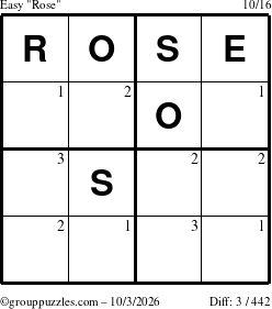 The grouppuzzles.com Easy Rose puzzle for Saturday October 3, 2026 with the first 3 steps marked