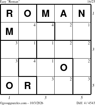 The grouppuzzles.com Easy Roman puzzle for Saturday October 3, 2026, suitable for printing, with all 4 steps marked
