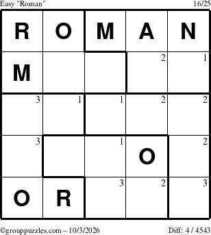 The grouppuzzles.com Easy Roman puzzle for Saturday October 3, 2026 with the first 3 steps marked