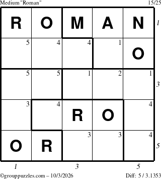 The grouppuzzles.com Medium Roman puzzle for Saturday October 3, 2026 with all 5 steps marked