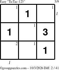 The grouppuzzles.com Easy TicTac-123 puzzle for Saturday October 3, 2026, suitable for printing, with all 2 steps marked