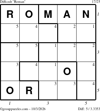 The grouppuzzles.com Difficult Roman puzzle for Saturday October 3, 2026, suitable for printing, with all 5 steps marked