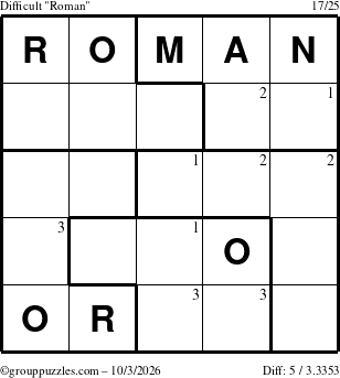 The grouppuzzles.com Difficult Roman puzzle for Saturday October 3, 2026 with the first 3 steps marked
