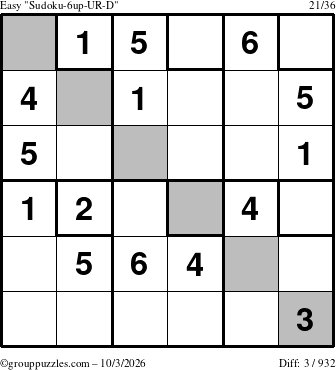 The grouppuzzles.com Easy Sudoku-6up-UR-D puzzle for Saturday October 3, 2026