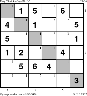 The grouppuzzles.com Easy Sudoku-6up-UR-D puzzle for Saturday October 3, 2026, suitable for printing, with all 3 steps marked