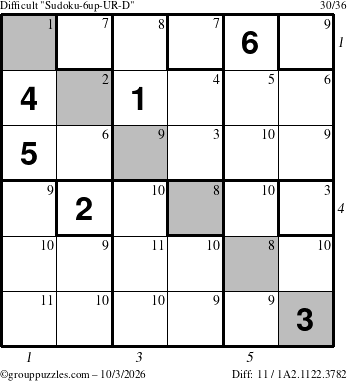 The grouppuzzles.com Difficult Sudoku-6up-UR-D puzzle for Saturday October 3, 2026 with all 11 steps marked