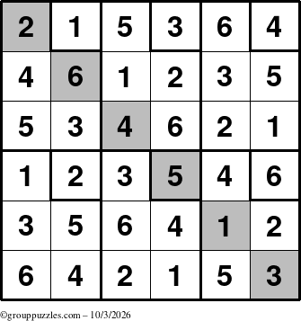 The grouppuzzles.com Answer grid for the Sudoku-6up-UR-D puzzle for Saturday October 3, 2026