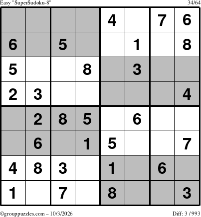 The grouppuzzles.com Easy SuperSudoku-8 puzzle for Saturday October 3, 2026