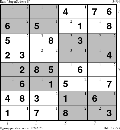 The grouppuzzles.com Easy SuperSudoku-8 puzzle for Saturday October 3, 2026 with all 3 steps marked