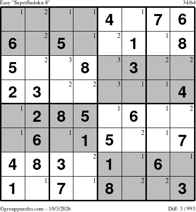 The grouppuzzles.com Easy SuperSudoku-8 puzzle for Saturday October 3, 2026 with the first 3 steps marked