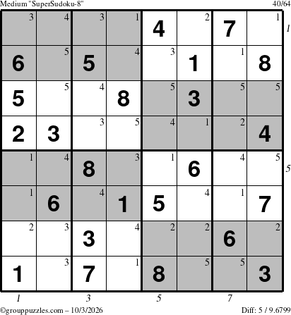 The grouppuzzles.com Medium SuperSudoku-8 puzzle for Saturday October 3, 2026 with all 5 steps marked