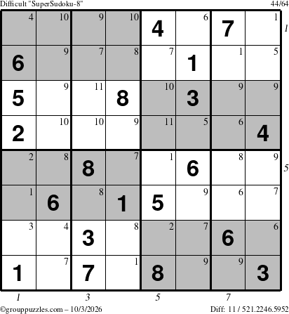 The grouppuzzles.com Difficult SuperSudoku-8 puzzle for Saturday October 3, 2026, suitable for printing, with all 11 steps marked