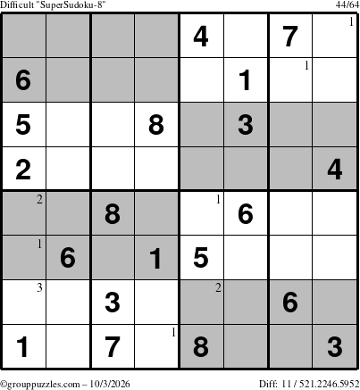 The grouppuzzles.com Difficult SuperSudoku-8 puzzle for Saturday October 3, 2026 with the first 3 steps marked