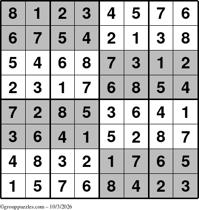 The grouppuzzles.com Answer grid for the SuperSudoku-8 puzzle for Saturday October 3, 2026