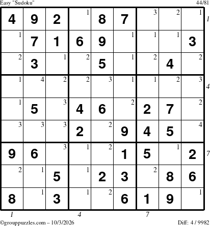 The grouppuzzles.com Easy Sudoku puzzle for Saturday October 3, 2026, suitable for printing, with all 4 steps marked