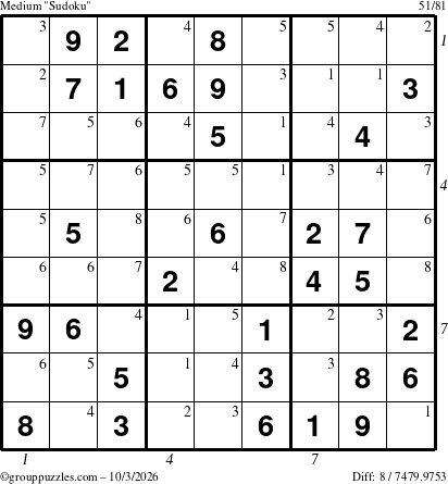 The grouppuzzles.com Medium Sudoku puzzle for Saturday October 3, 2026 with all 8 steps marked