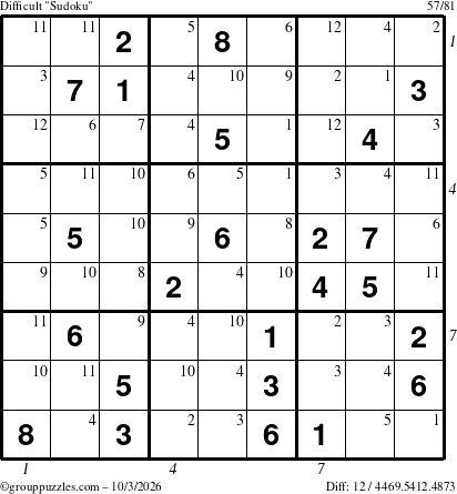 The grouppuzzles.com Difficult Sudoku puzzle for Saturday October 3, 2026 with all 12 steps marked