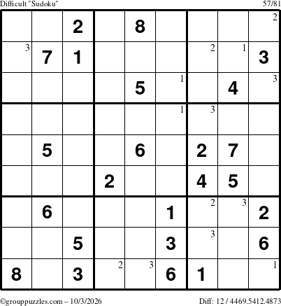 The grouppuzzles.com Difficult Sudoku puzzle for Saturday October 3, 2026 with the first 3 steps marked