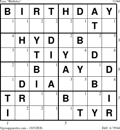 The grouppuzzles.com Easy Birthday puzzle for Saturday October 3, 2026, suitable for printing, with all 4 steps marked