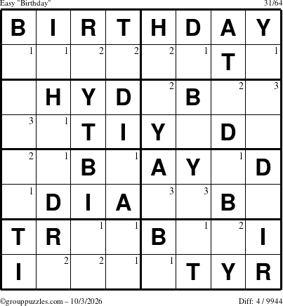 The grouppuzzles.com Easy Birthday puzzle for Saturday October 3, 2026 with the first 3 steps marked