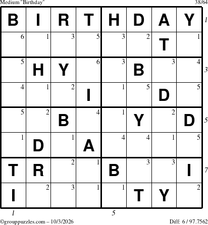 The grouppuzzles.com Medium Birthday puzzle for Saturday October 3, 2026 with all 6 steps marked