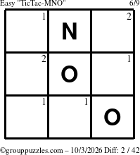 The grouppuzzles.com Easy TicTac-MNO puzzle for Saturday October 3, 2026 with the first 2 steps marked