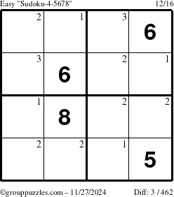 The grouppuzzles.com Easy Sudoku-4-5678 puzzle for Wednesday November 27, 2024 with the first 3 steps marked