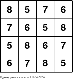 The grouppuzzles.com Answer grid for the Sudoku-4-5678 puzzle for Wednesday November 27, 2024