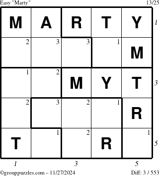 The grouppuzzles.com Easy Marty puzzle for Wednesday November 27, 2024 with all 3 steps marked