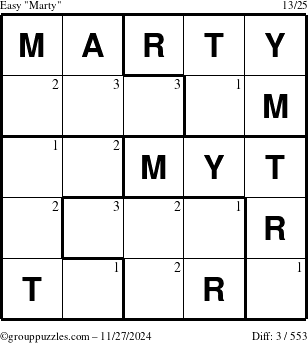 The grouppuzzles.com Easy Marty puzzle for Wednesday November 27, 2024 with the first 3 steps marked